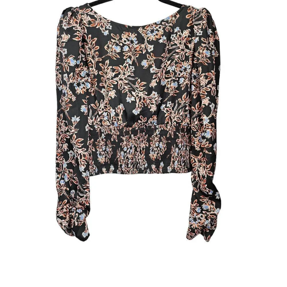 FREE PEOPLE Santiago Blouse Black Floral Long Sleeve Scoop Neck Smock Top
